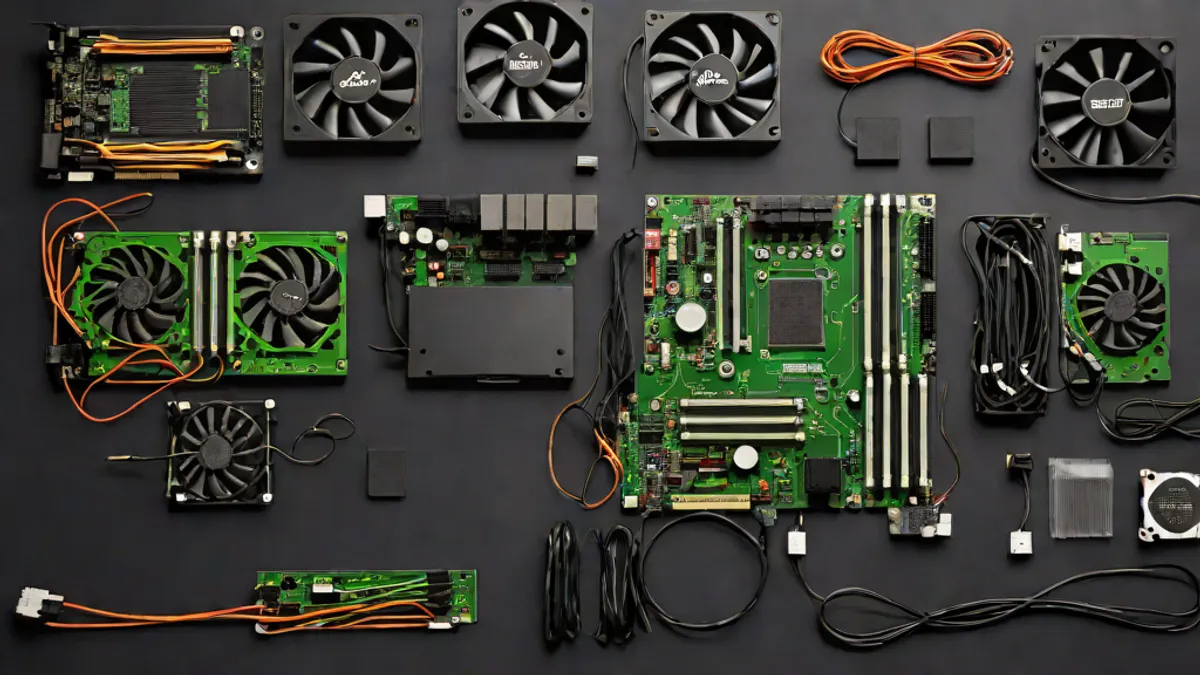 Varios componentes de hardware informático como placa base, tarjeta gráfica y memoria RAM dispuestos en una mesa.