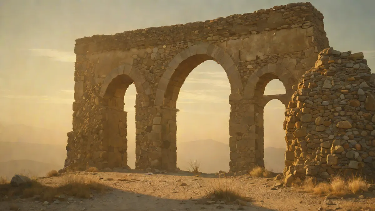 Arco de piedra en valle neblinoso al amanecer