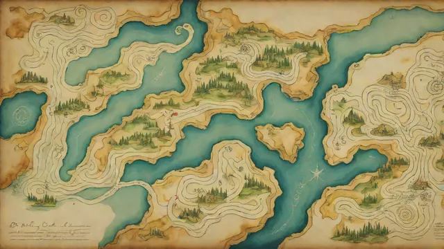Mapa topográfico de una península con símbolos misteriosos y niebla