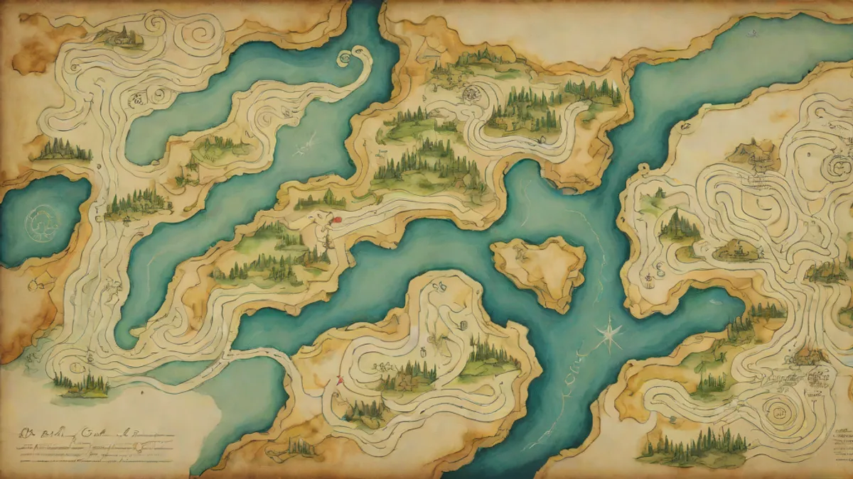 Mapa topográfico de una península con símbolos misteriosos y niebla