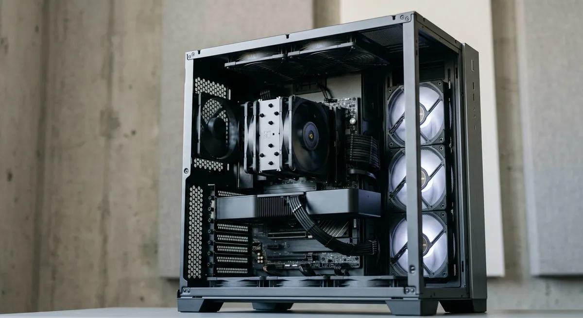 Torre de PC abierta que muestra la configuración de los ventiladores de entrada y salida de aire.