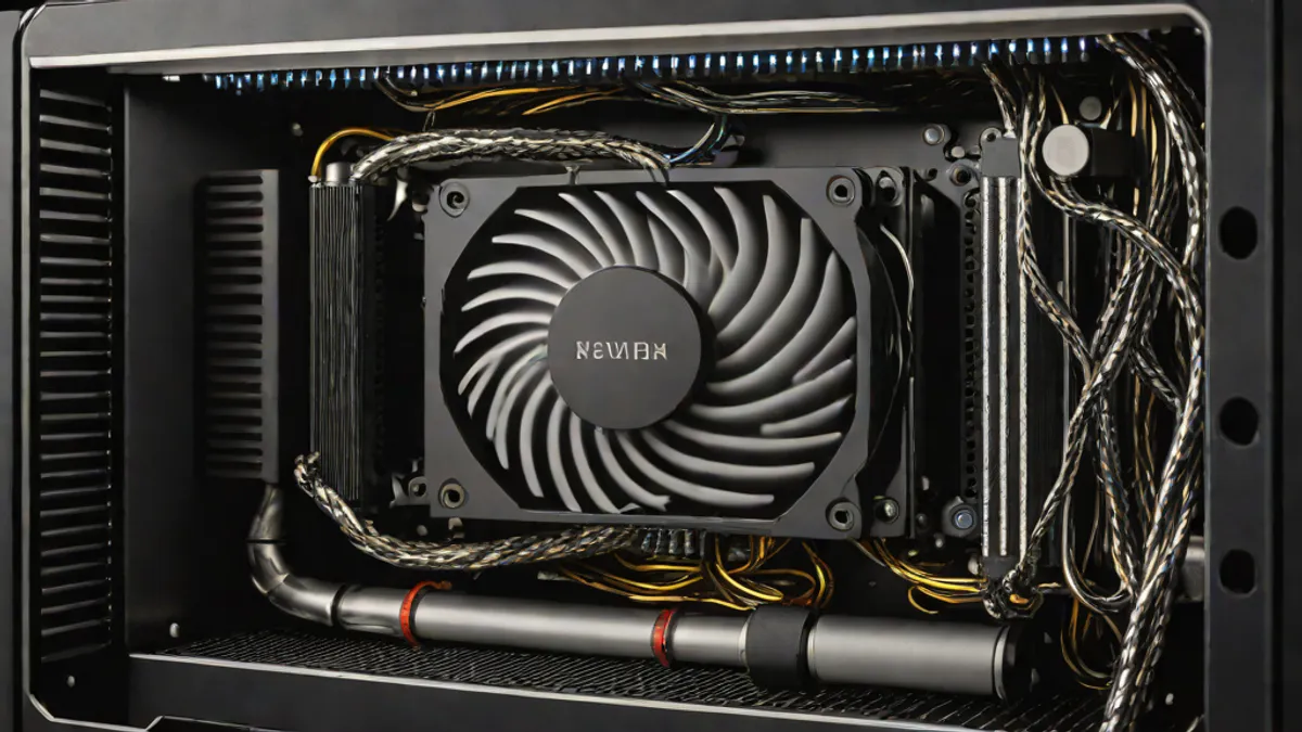 Interior de una torre de ordenador con sistema de refrigeración líquida para la CPU.