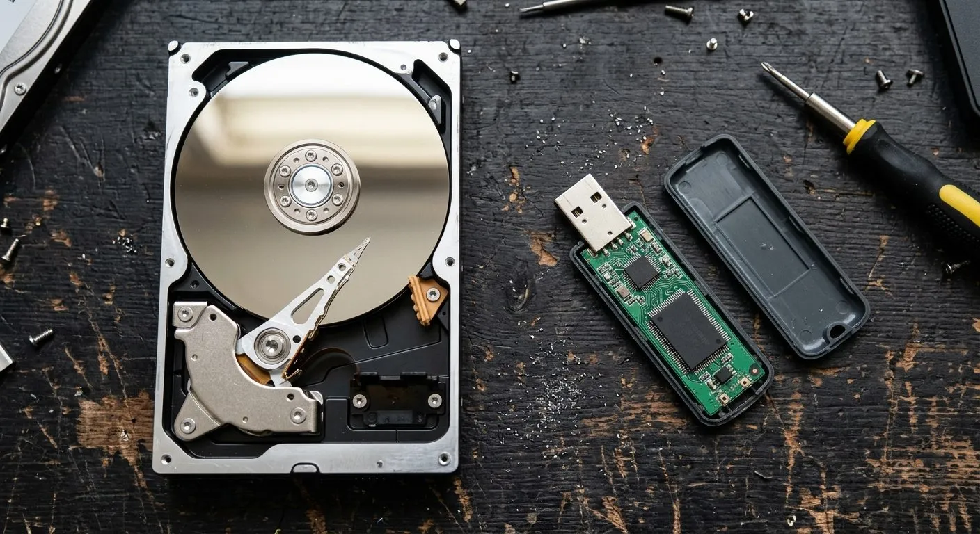 Disco duro mecánico abierto junto a un pendrive desmontado que muestra su chip de memoria flash.