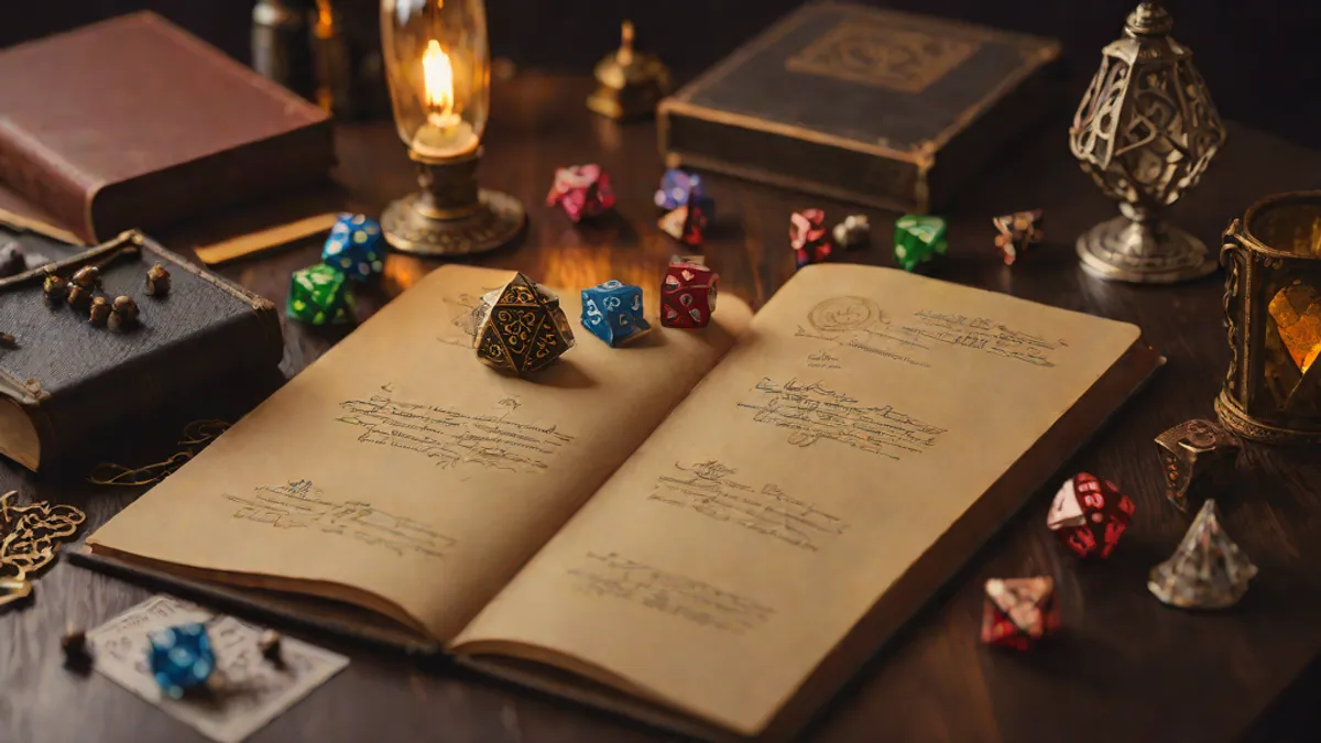 Mesa de un director de juego de rol con dados poliédricos, figuras miniaturas y un cuaderno de notas.