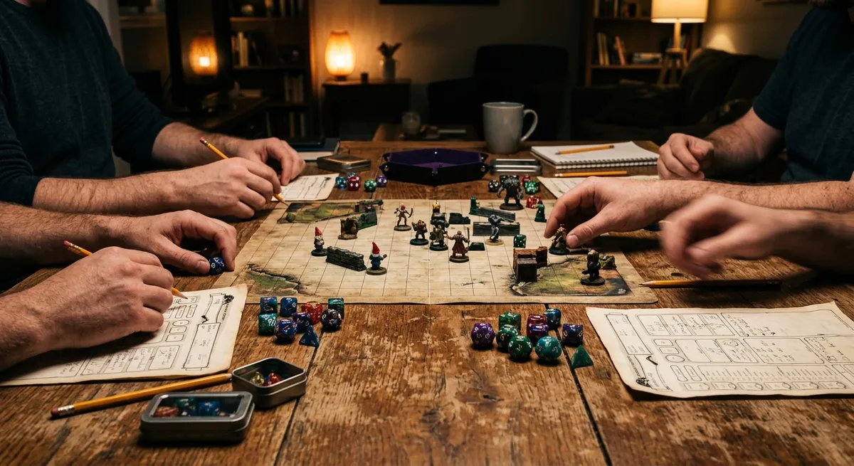 Grupo de personas reunidas alrededor de una mesa de juego de rol con dados poliédricos y fichas de personaje.