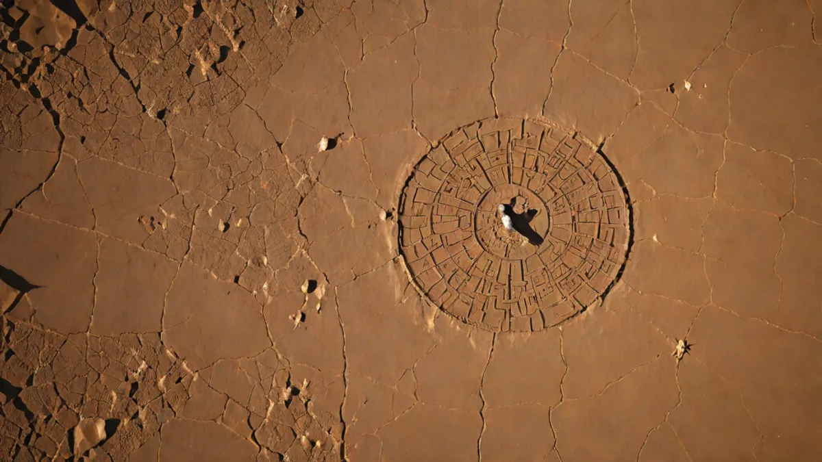 Vista aérea de las líneas de Nazca con la figura del colibrí sobre el desierto de Perú.