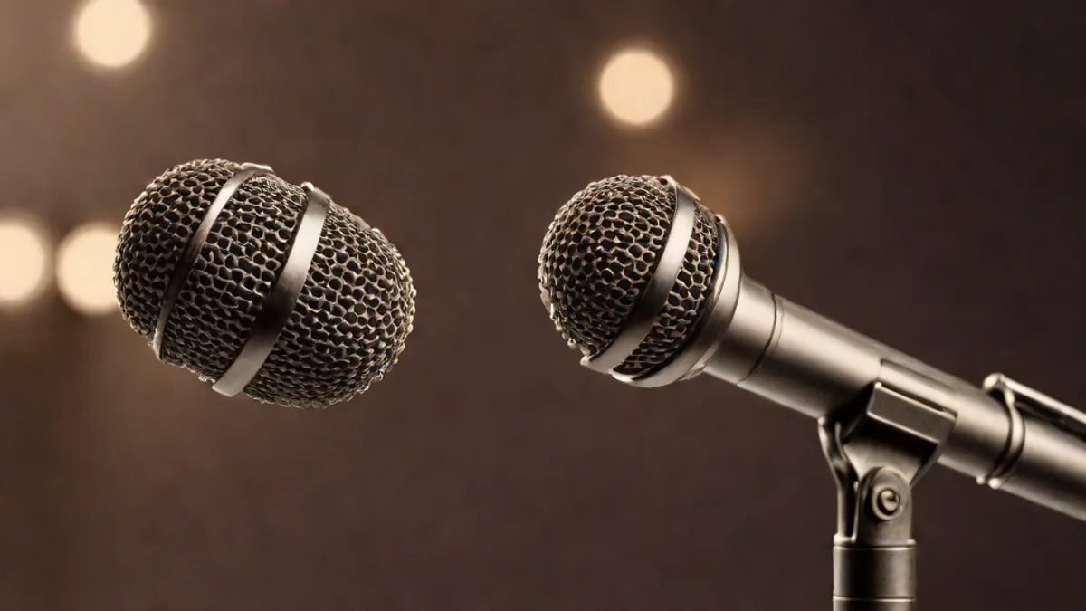 Micrófono profesional de estudio preparado para capturar la voz humana en un entorno de grabación.
