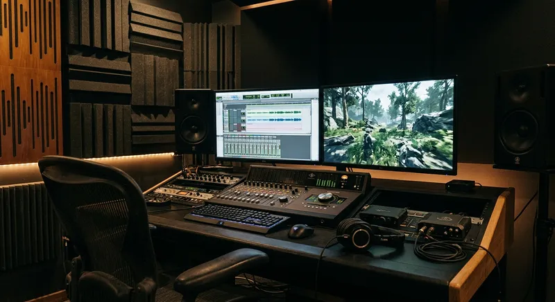 Diseñador de audio ajustando la música de un videojuego frente a monitores en un estudio de sonido.