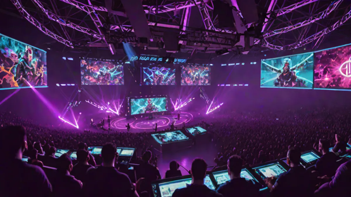 Escenario principal de un gran torneo de esports iluminado con luces neón y pantalla gigante ante el público.