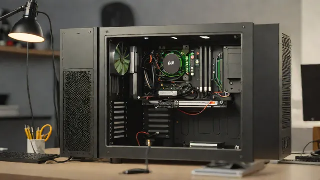 PC tower with side panel open on a workbench, showing internal components
