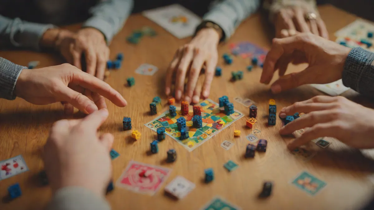 Personas reunidas alrededor de una mesa de madera jugando a un juego de mesa.