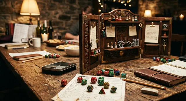 Mesa de juego de rol con pantalla de director de juego, dados poliédricos y cuadernos bajo luz cálida.