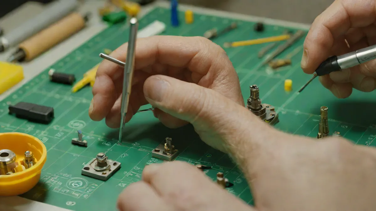 Manos trabajando en un taller de modelismo montando una miniatura de plástico sobre un tapete de corte.