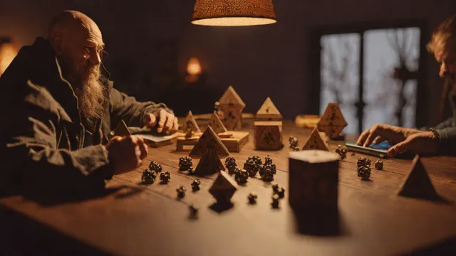 Director de juego preparando una sesión de rol en una mesa con dados poliédricos y miniaturas.