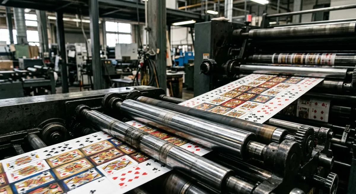 Sábanas de naipes recién impresas pasando por los rodillos de una imprenta industrial.