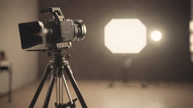Cámara de cine en un plató de rodaje profesional grabando un anuncio publicitario bajo focos de estudio.