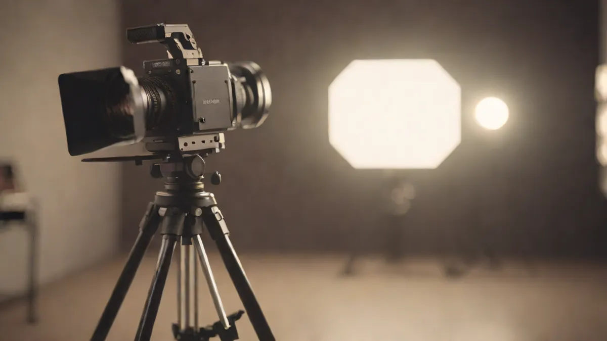 Cámara de cine en un plató de rodaje profesional grabando un anuncio publicitario bajo focos de estudio.