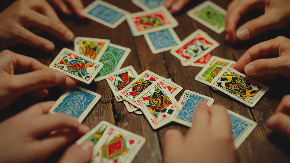 Personas alrededor de una mesa jugando a un juego de cartas de colores durante una velada familiar.