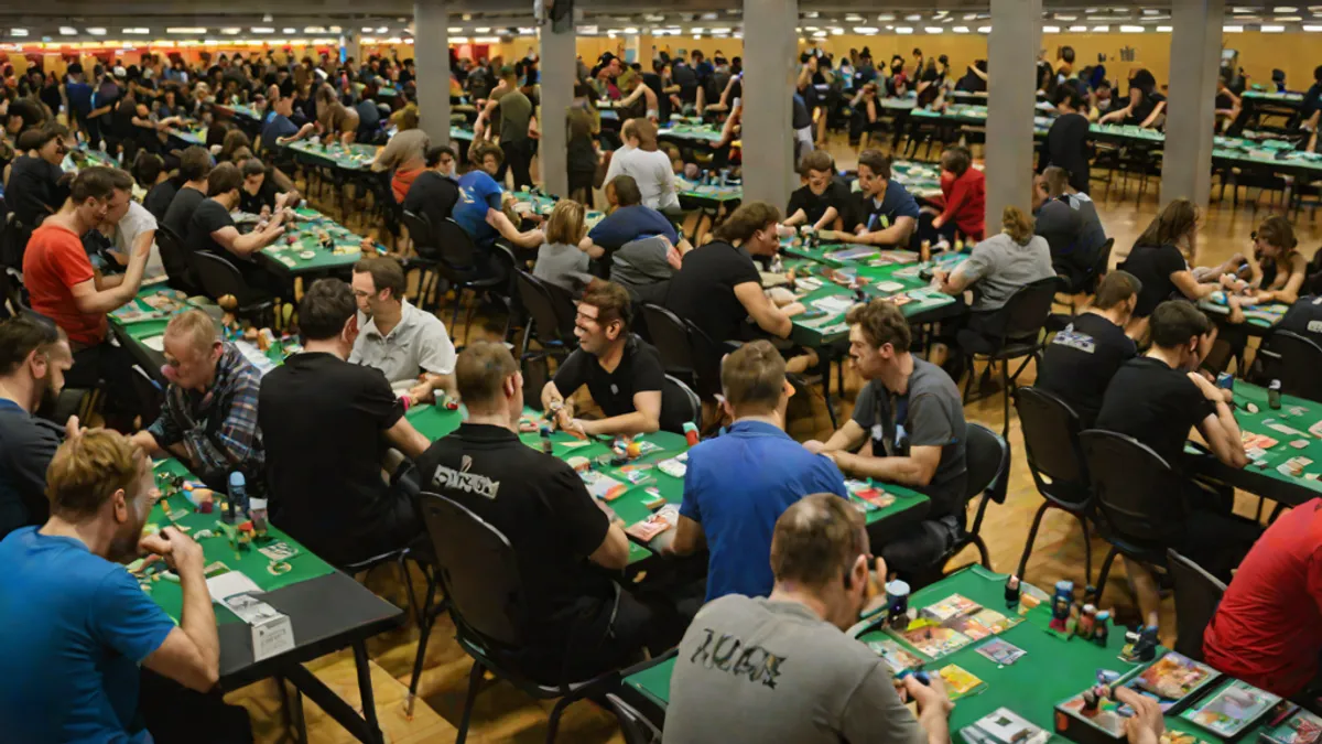 Vista general de la sala de un torneo de cartas con jugadores compitiendo sobre mesas preparadas.