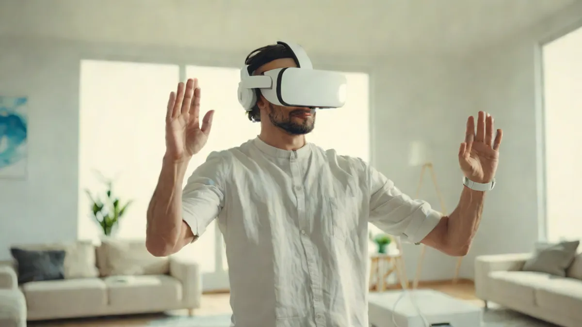 Persona de espaldas utilizando un visor de realidad virtual y mandos en un entorno moderno.