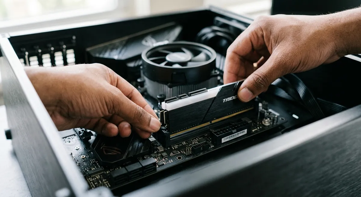 Mano instalando un módulo de memoria RAM en la ranura de una placa base de ordenador.
