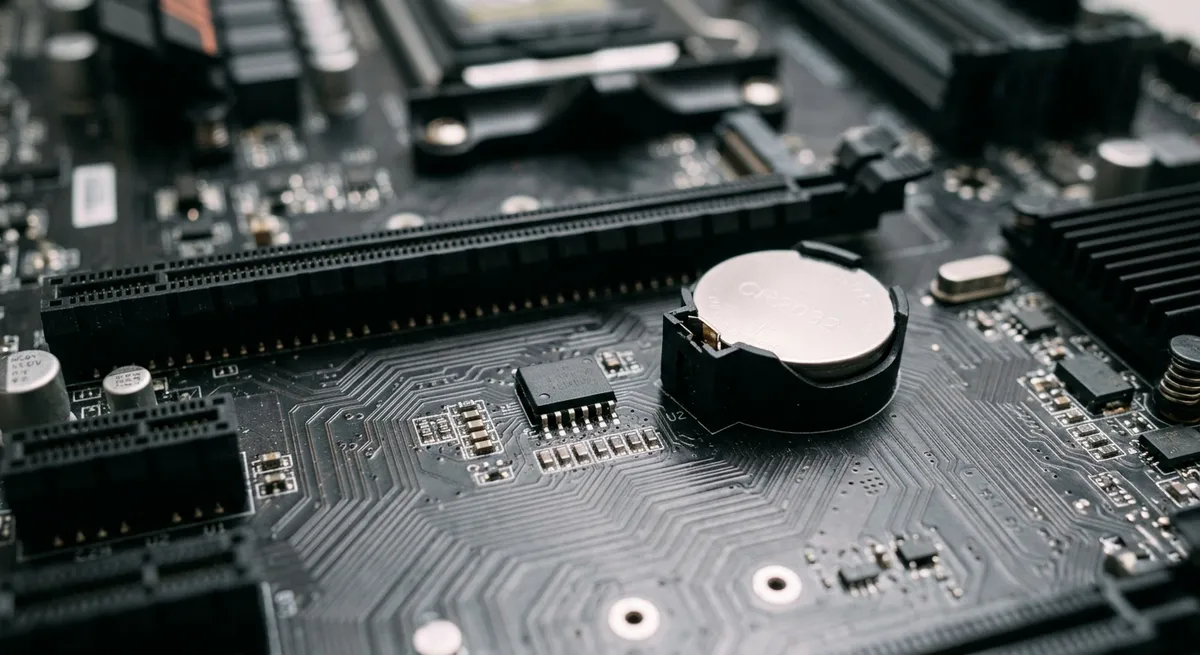 Placa base de ordenador mostrando en detalle el chip de memoria EEPROM y la pila CMOS.