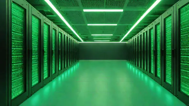 Pasillo de un centro de datos con servidores en rack e indicadores luminosos encendidos.