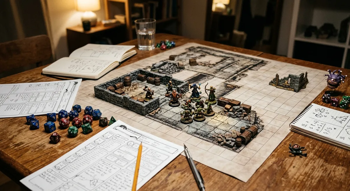 Mesa de juego de rol con miniaturas sobre mapa de cuadrícula, dados poliédricos y hojas de personaje.