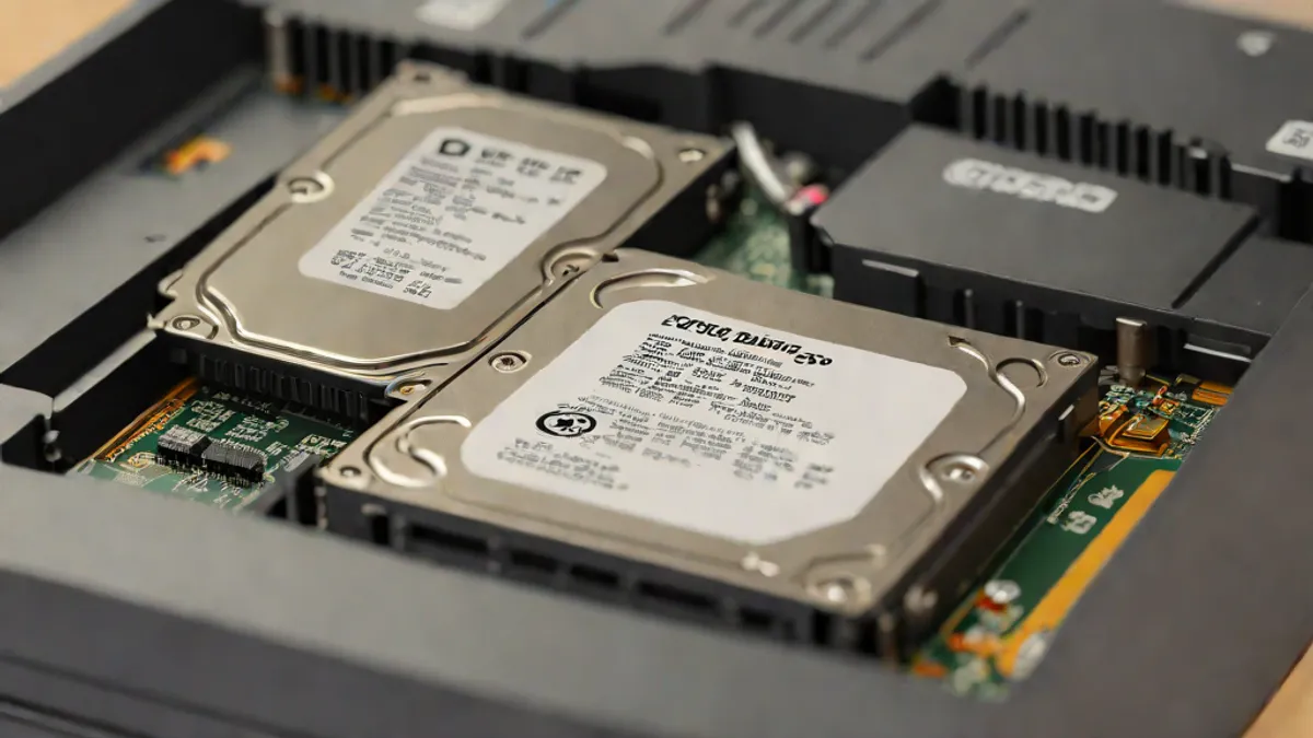Comparativa de un disco duro HDD abierto mostrando sus platos magnéticos y una unidad SSD con sus chips.