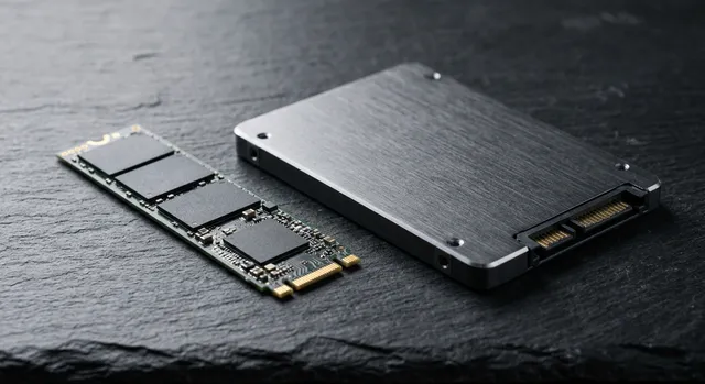 Disco SSD M.2 NVMe junto a una unidad SSD SATA de 2,5 pulgadas sobre una superficie de trabajo.