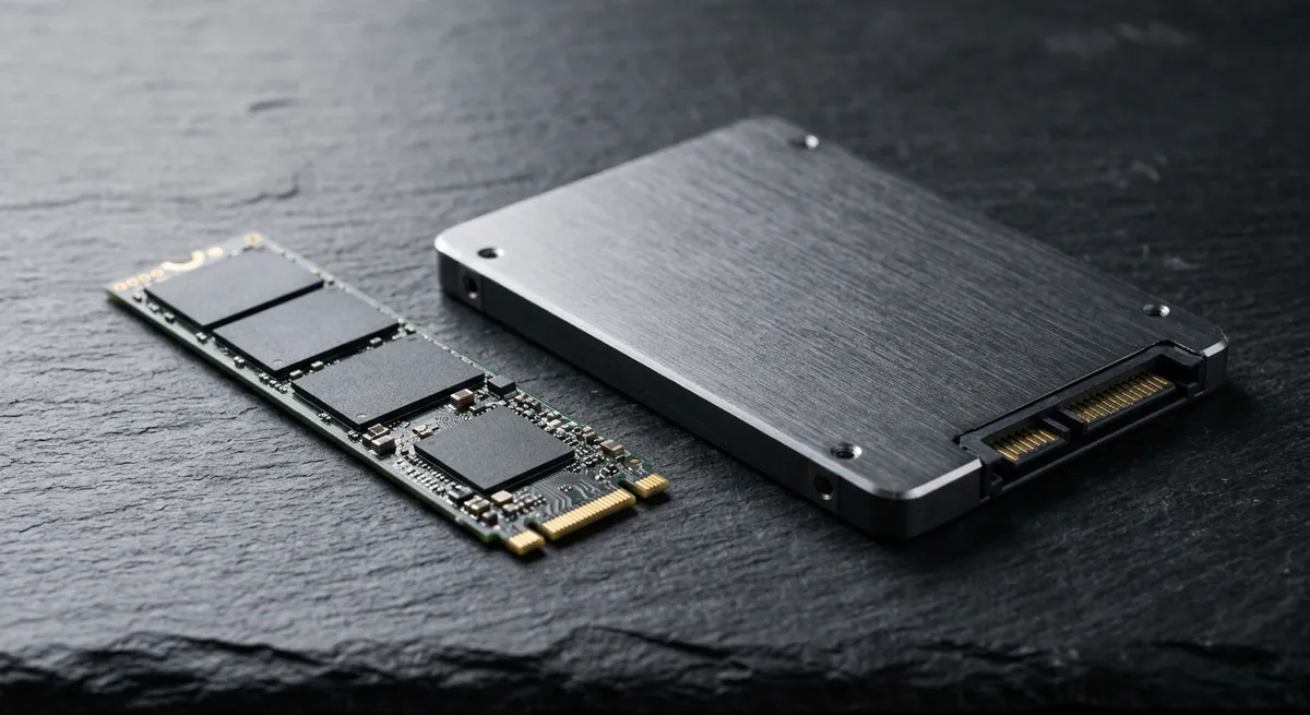 Disco SSD M.2 NVMe junto a una unidad SSD SATA de 2,5 pulgadas sobre una superficie de trabajo.