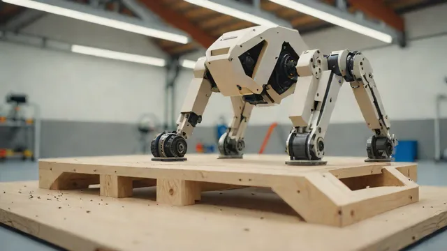 Robot cuadrúpedo de pruebas ajustando su equilibrio sobre una rampa inclinada en una pista de ensayos.