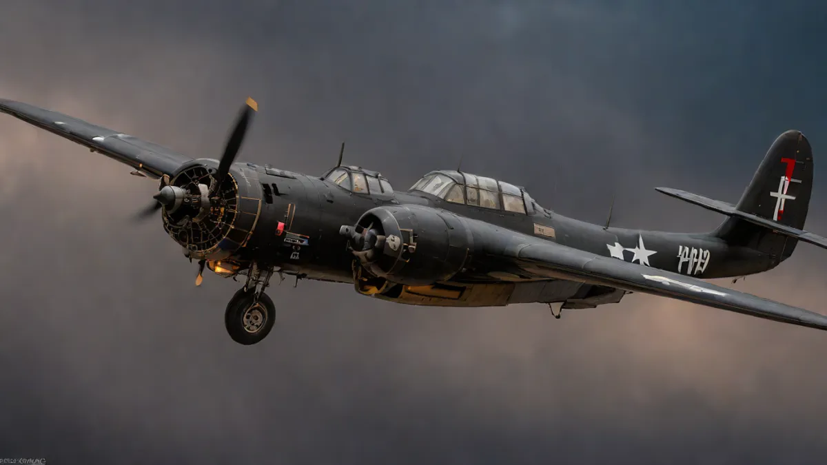 Caza nocturno Northrop P-61 de la Segunda Guerra Mundial volando entre nubes nocturnas iluminadas por la luna.