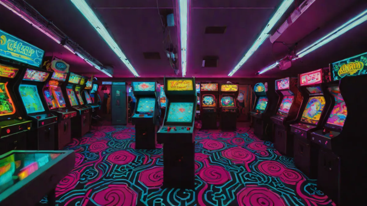 Salón recreativo de los años 80 con filas de máquinas arcade iluminadas y jugadores de espaldas.