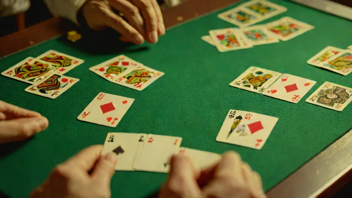 Mesa de juego con barajas de cartas y manos de jugadores listos para empezar una partida.