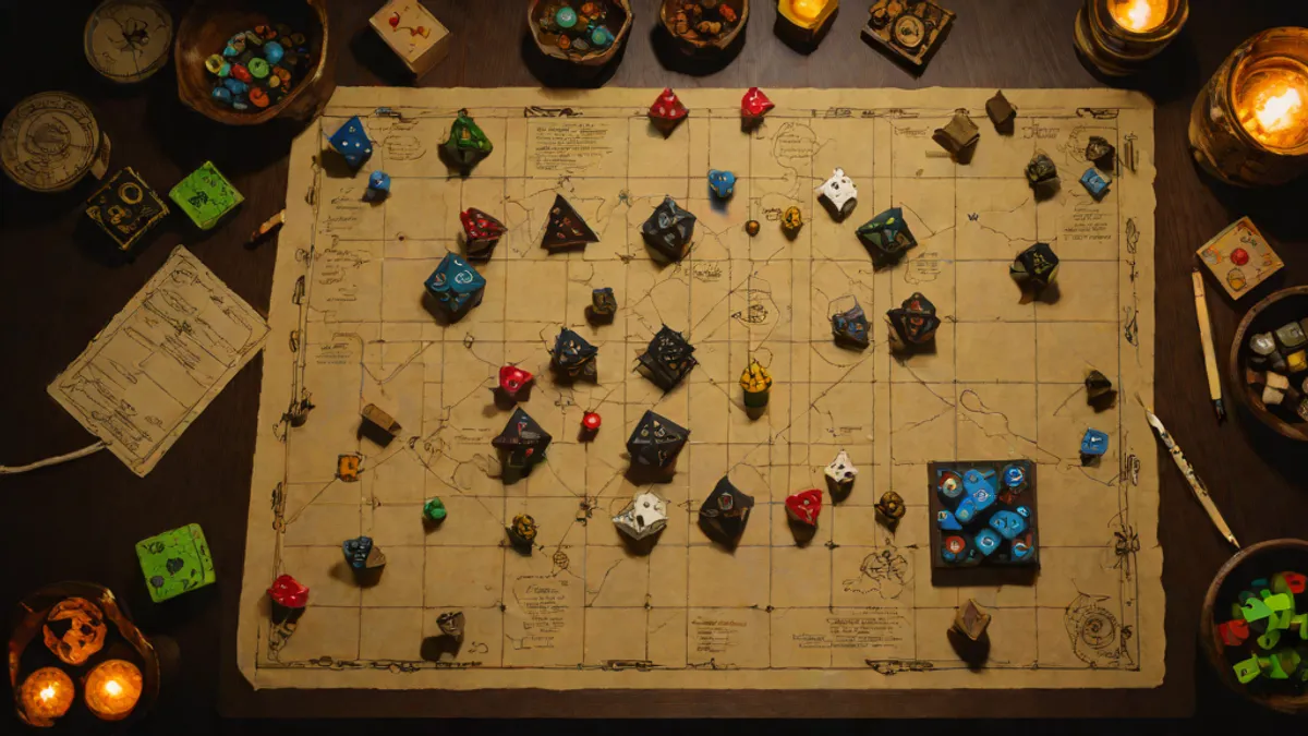 Mesa de juego de rol con dados poliédricos, figuras en miniatura sobre mapa de cuadrícula y fichas de personaje.