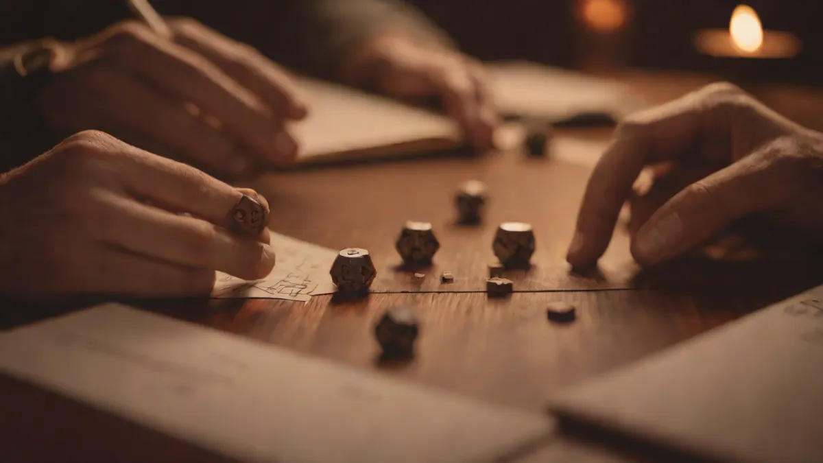 Dos personas jugando a un juego de rol de mesa sobre una mesa de madera con dados y fichas.