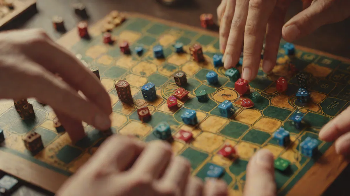 Personas alrededor de una mesa moviendo fichas y dados en un juego de tablero.