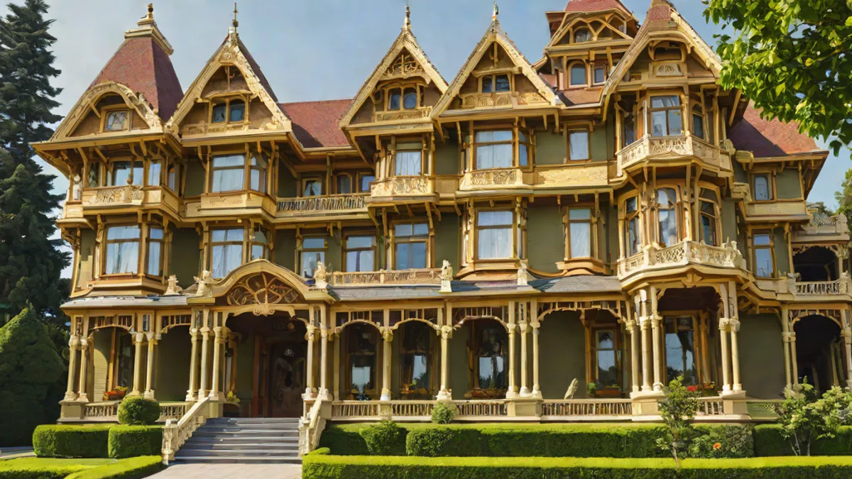 Vista exterior de la mansión victoriana Winchester con sus torres, tejados complejos y jardines.