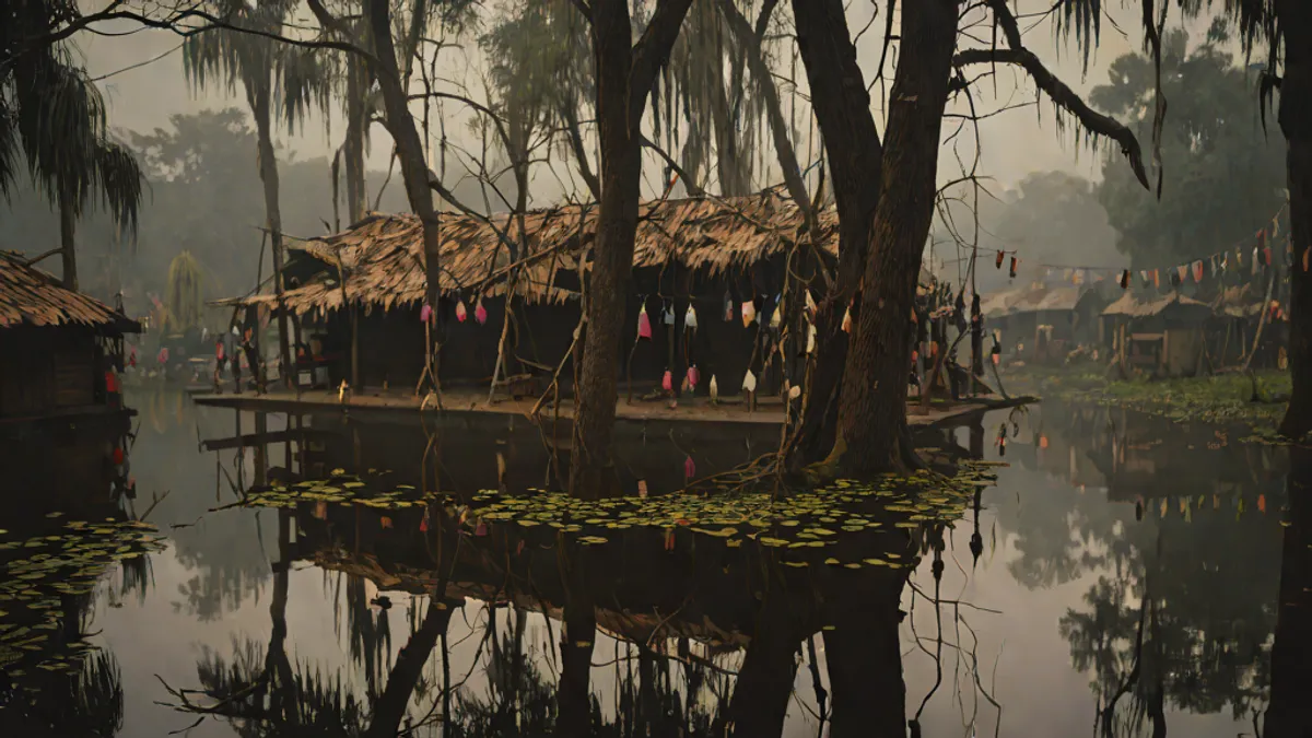 Muñecas deslucidas y colgadas de troncos rodeando una cabaña en la Isla de las Muñecas de Xochimilco.