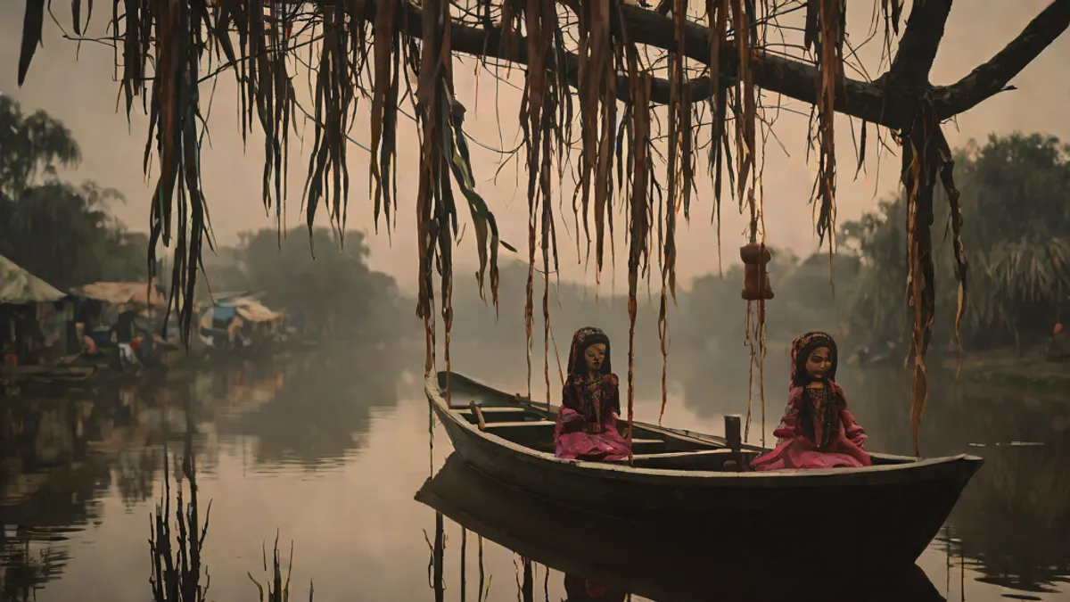 Muñecas antiguas colgando de ramas sobre un canal cubierto de niebla en la Isla de las Muñecas, Xochimilco.
