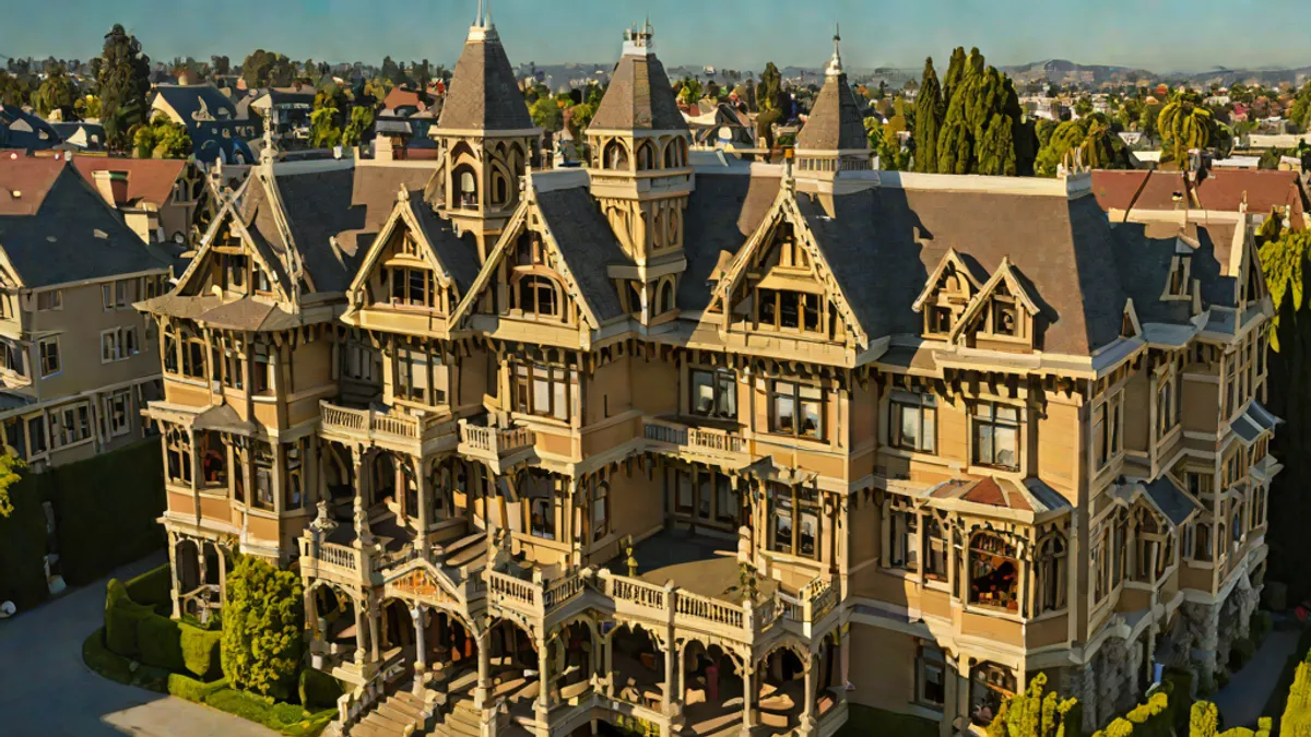 Vista exterior completa de la arquitectura victoriana de la casa misteriosa Winchester en San José, California.