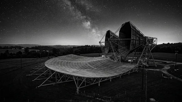 El radiotelescopio Big Ear en Ohio bajo un cielo nocturno estrellado en 1977.