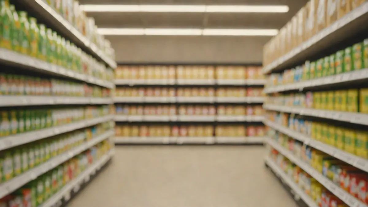 Pasillo de un supermercado moderno con estanterías llenas de productos de gran consumo sin marcas visibles.