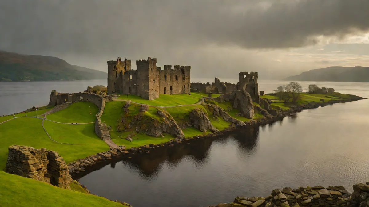 Vista panorámica del castillo de Urquhart y las aguas brumosas del Lago Ness al amanecer en Escocia.