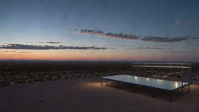 Plataforma de observación de las luces de Marfa frente a la llanura desértica en Texas al anochecer.
