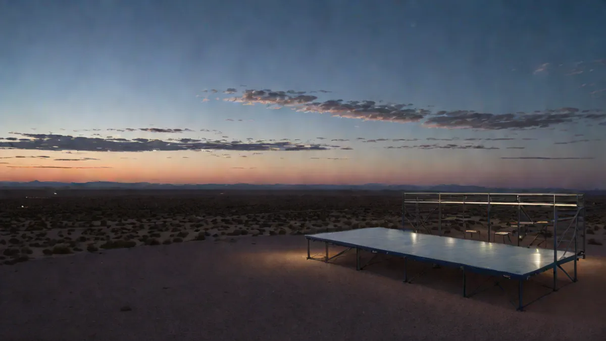 Plataforma de observación de las luces de Marfa frente a la llanura desértica en Texas al anochecer.