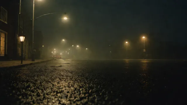 Calle urbana iluminada por una farola en una noche con niebla, ambientación de historia de terror urbano.