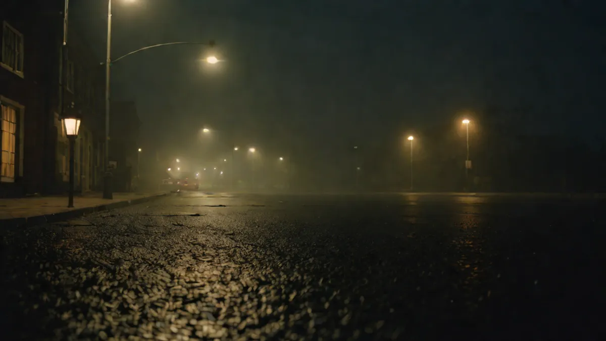 Calle urbana iluminada por una farola en una noche con niebla, ambientación de historia de terror urbano.