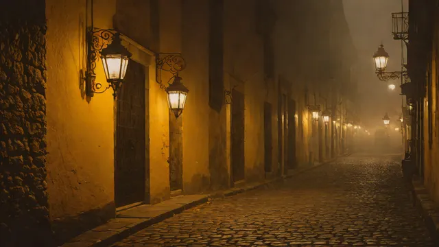 Calle colonial mexicana de noche envuelta en niebla y alumbrada por un farol de hierro.